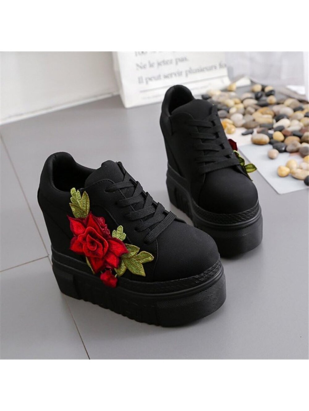 Women's Black Canvas Fabric Rubber Sole High Wedge Heel Brides Wedding Shoes - Picture 5 of 5